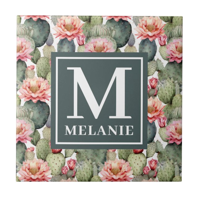 Cactus Pattern Pink Flowers Monogram Ceramic Tile (Front)