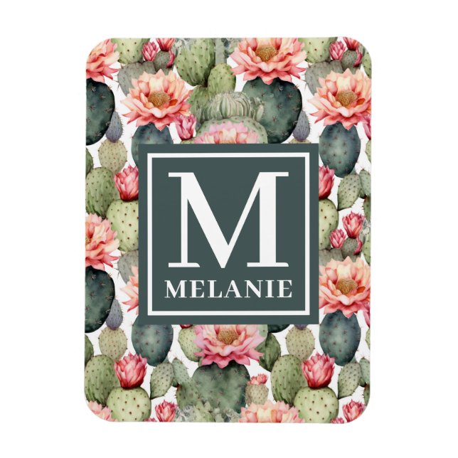 Cactus Pattern Pink Flowers Monogram Flexible Magnet (Vertical)