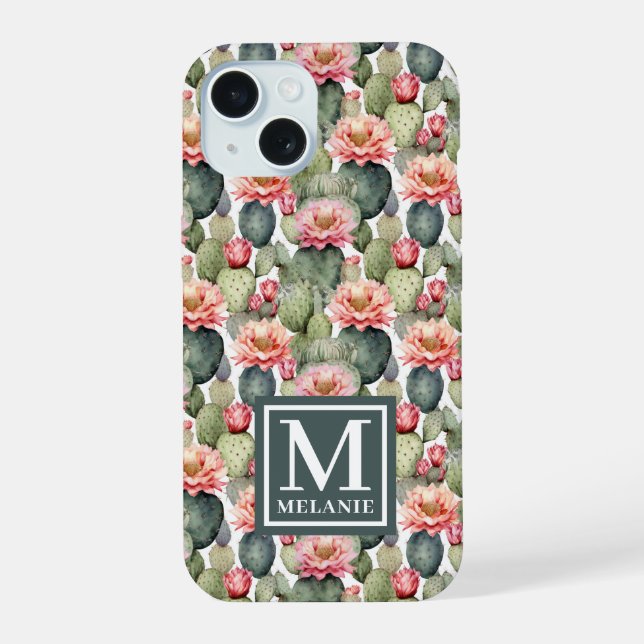 Cactus Pattern Pink Flowers Monogram Iphone Case (Back)