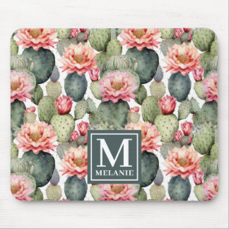 Cactus Pattern Pink Flowers Monogram Mouse Pad