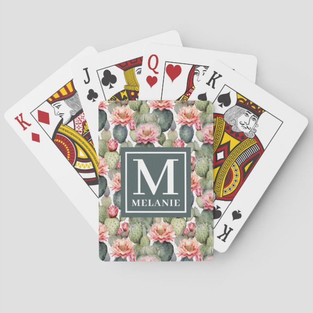 Cactus Pattern Pink Flowers Monogram Poker Cards (Back)