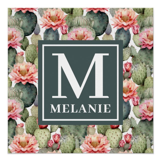 Cactus Pattern Pink Flowers Monogram Poster (Front)