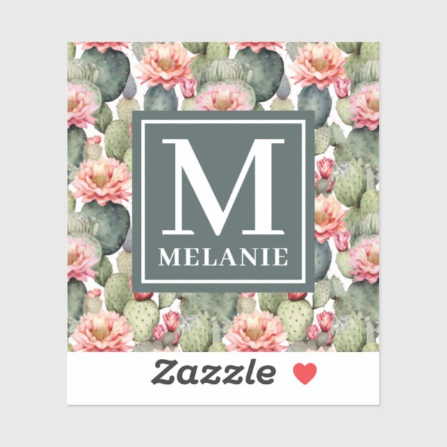 Cactus Pattern Pink Flowers Monogram Sticker (Sheet)