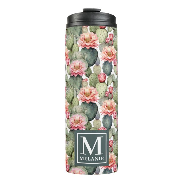 Cactus Pattern Pink Flowers Monogram Thermal Tumbler (Front)
