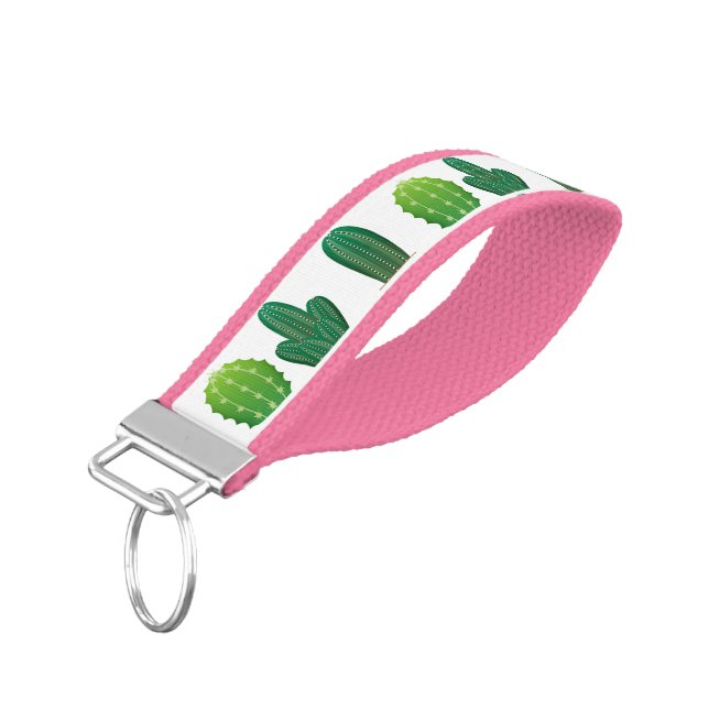 Cactus Pattern Pink Wrist Keychain (Angled Down)