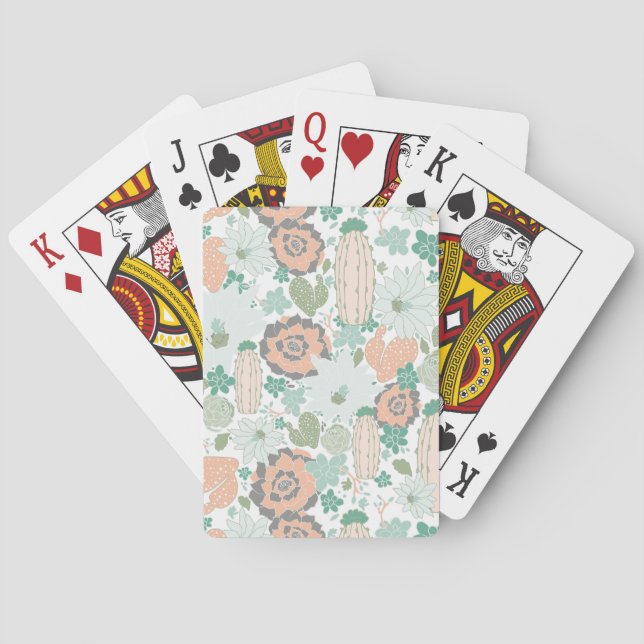 Cactus Pattern Print Cute Coral Mint Green White Poker Cards (Back)