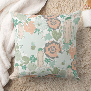 Cactus Pattern Print Cute Coral Mint Green White Throw Pillow