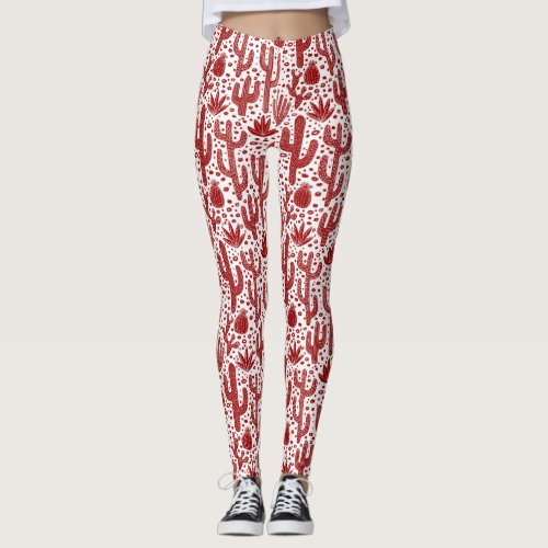 Cactus Pattern _ Ruby Red and White Leggings