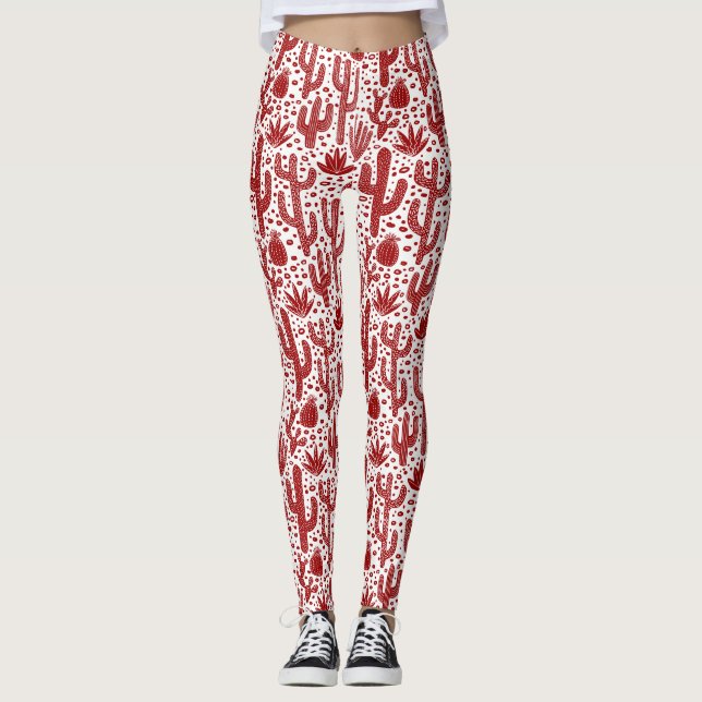 Cactus Pattern - Ruby Red and White Leggings (Front)