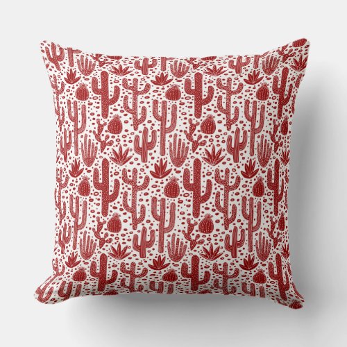 Cactus Pattern _ Ruby Red and White Throw Pillow