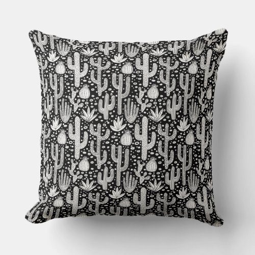 Cactus Pattern _ White on Black Throw Pillow