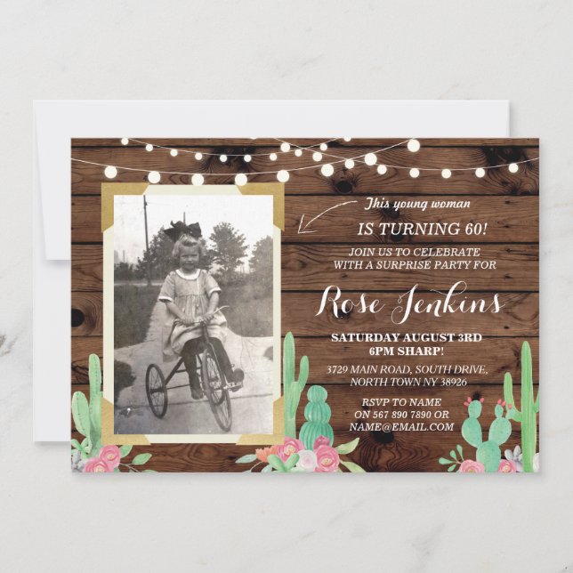 Cactus Photo Birthday Floral Any Age Invitations (Front)