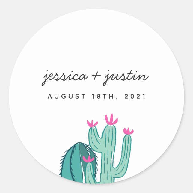 Cactus Pink Floral Wedding Favor Classic Round Sticker (Front)