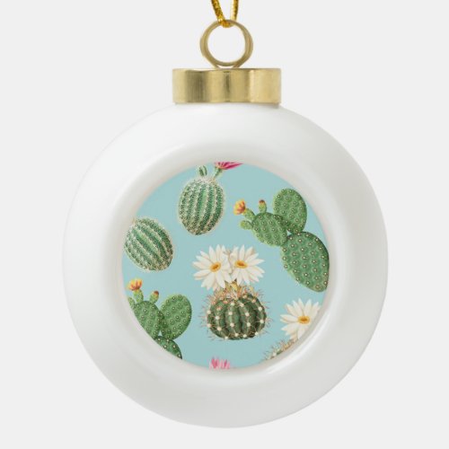 Cactus pink flowers light decor ceramic ball christmas ornament