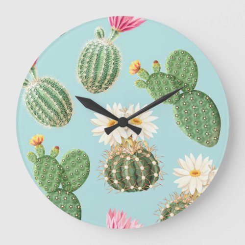 Cactus pink flowers light decor large clock
