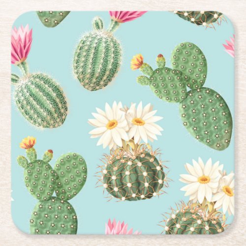 Cactus pink flowers light decor square paper coaster