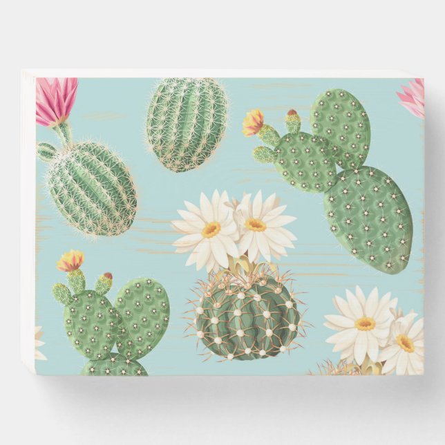Cactus, pink flowers: light decor wooden box sign (Front Horizontal)