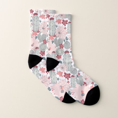 Cactus Pink Green Succulents Floral Pattern Socks