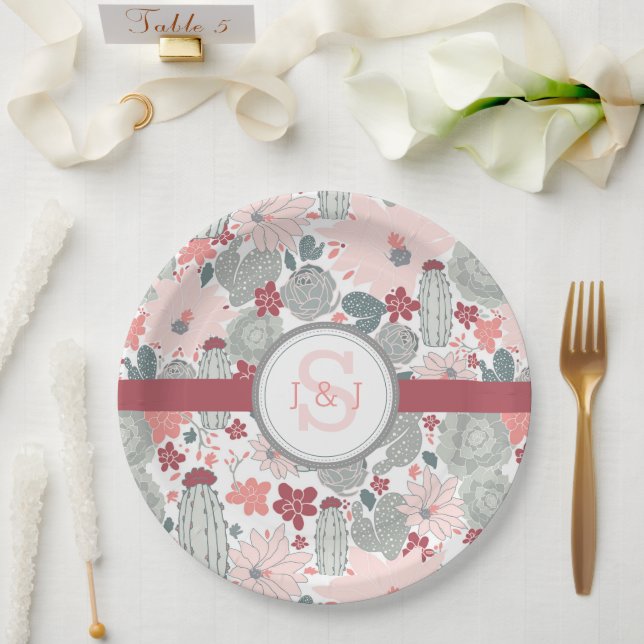 Cactus Pink Mint Succulents Cacti Plants Paper Plates (Wedding)