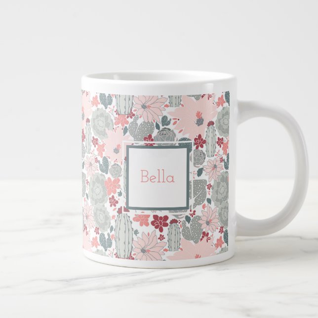 Cactus Pink Mint Succulents Pattern With Name Giant Coffee Mug (Right)