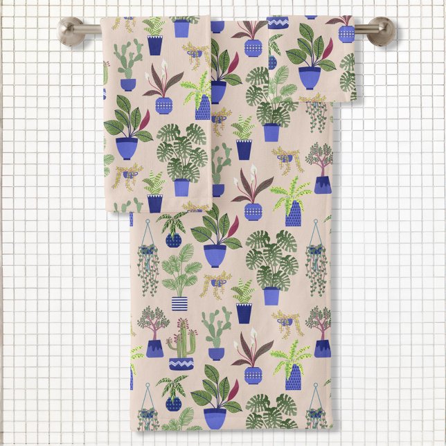 Cactus Pink Pattern Bath Towel Set (Fun cactus succulent and houseplant pattern bathroom towel set)