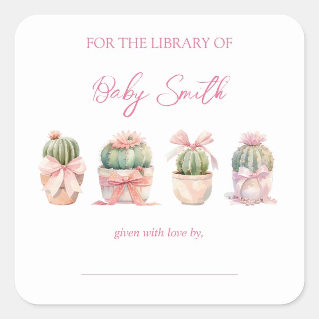 Cactus Pink Ribbon Baby Girl Shower Book Plate (Front)