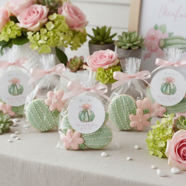 Cactus Pink Ribbon Baby Girl Shower Classic Round Sticker (Creator Uploaded)