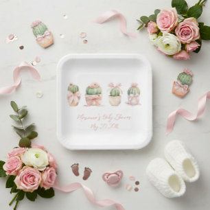 Cactus Pink Ribbon Baby Girl Shower Paper Plates
