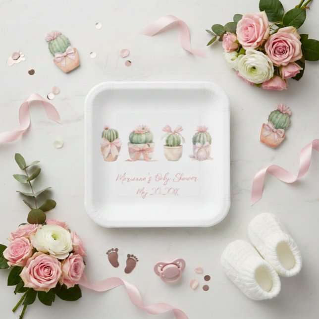 Cactus Pink Ribbon Baby Girl Shower Paper Plates (Creator Uploaded)