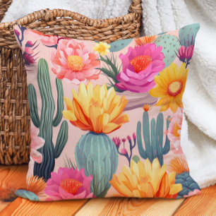 Cactus Pink Yellow Orange Green Desert  Throw Pillow