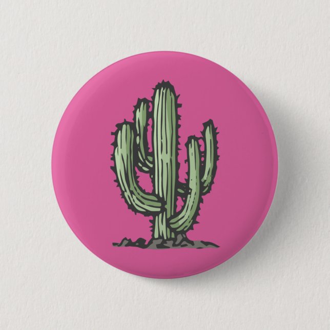 Cactus Plant Hand Drawn Illustration Pink Button (Front)