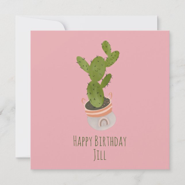 Cactus Plant Rainbow Basket Hand Drawn  Birthday C Card (Front)