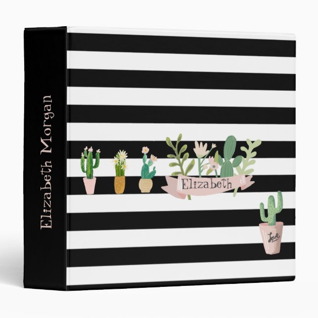Cactus Plants Black White Stripes 3 Ring Binder (Front/Spine)