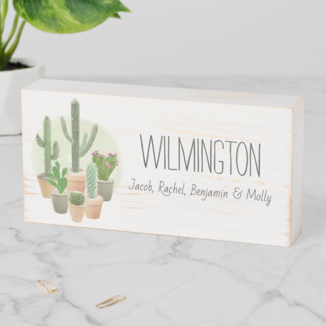 Cactus Plants Custom Family Name Home Decor Wooden Box Sign (In Situ Horizontal)