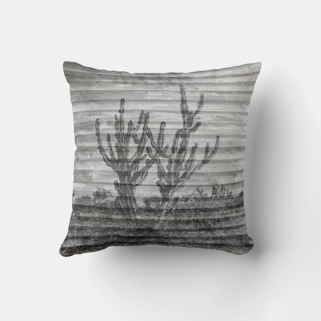 Cactus Plants On Wood Planks Black And White Photo Throw Pillow (Back)