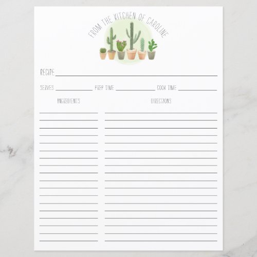 Cactus Plants Succulents Recipe Card Binder Insert