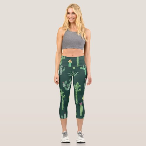 Cactus Plants Vintage Seamless Background Capri Leggings