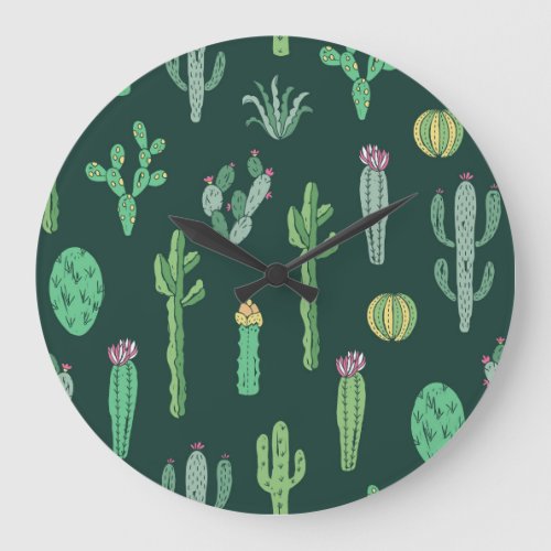 Cactus Plants Vintage Seamless Background Large Clock
