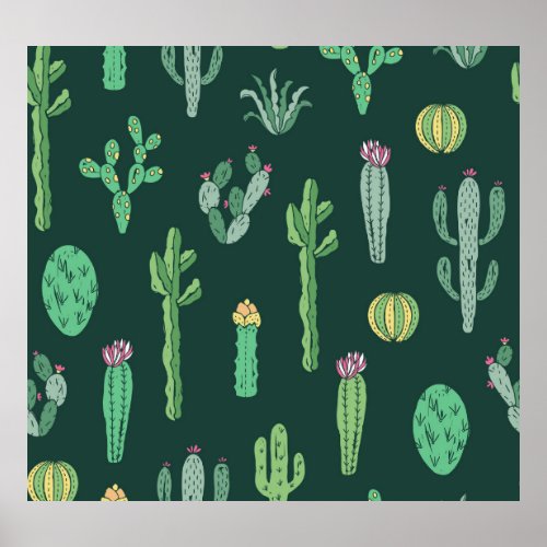 Cactus Plants Vintage Seamless Background Poster