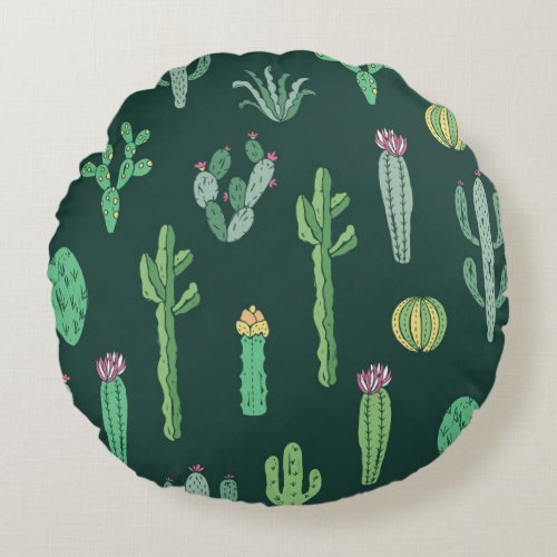 Cactus Plants Vintage Seamless Background Round Pillow