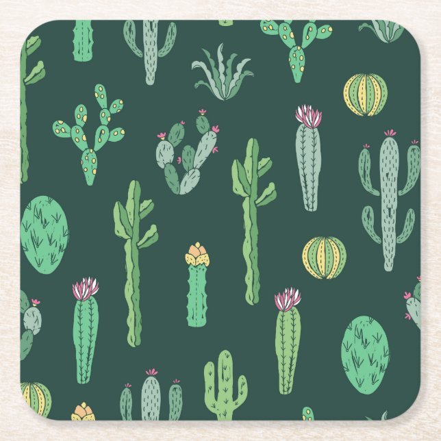 Cactus Plants: Vintage Seamless Background Square Paper Coaster (Front)