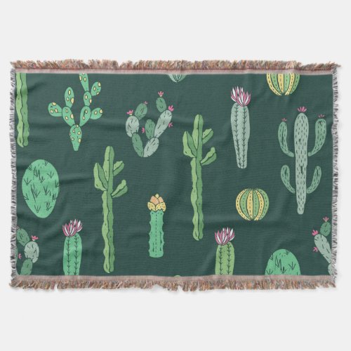Cactus Plants Vintage Seamless Background Throw Blanket