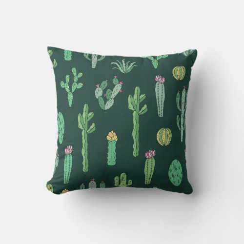 Cactus Plants Vintage Seamless Background Throw Pillow