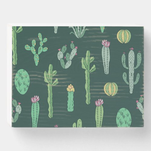 Cactus Plants Vintage Seamless Background Wooden Box Sign