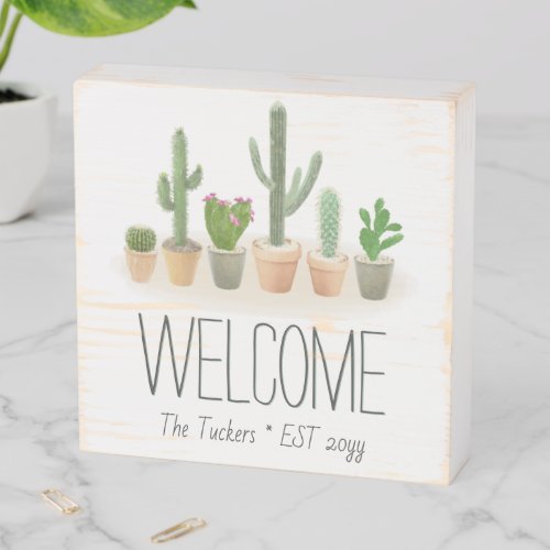 Cactus Plants Watercolor Welcome Home Decor Wooden Box Sign