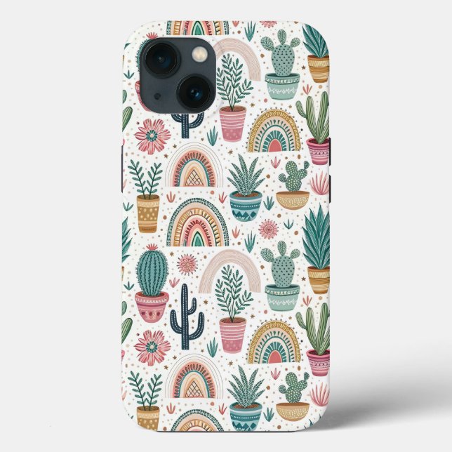 Cactus Pot with Plants, Flowers and Rainbows Case-Mate iPhone Case (Back)