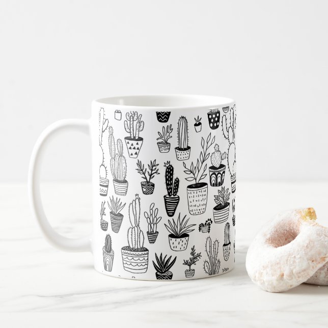 Cactus Potted Plants Cute Pattern Black & White Coffee Mug (With Donut)