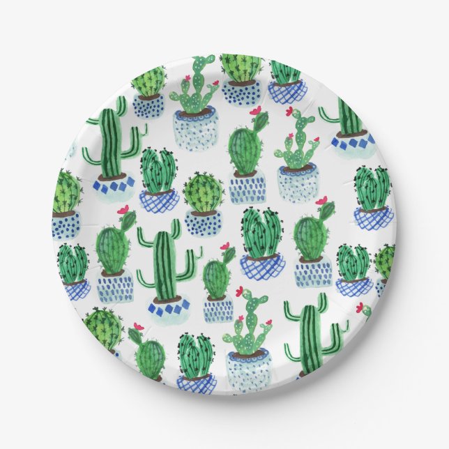 Cactus potted plants watercolor paper plates (Front)