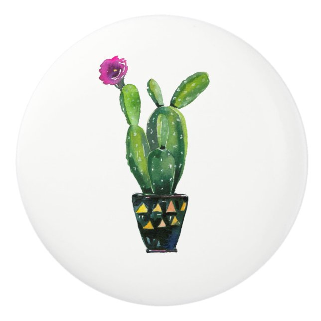 Cactus Purple Flower Boho Rustic Southwestern Ceramic Knob (Front)