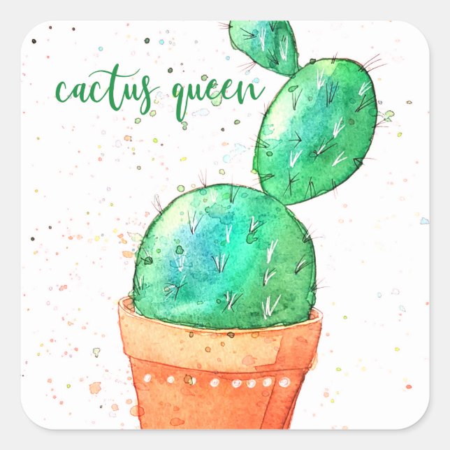 Cactus Queen Watercolor Square Sticker (Front)